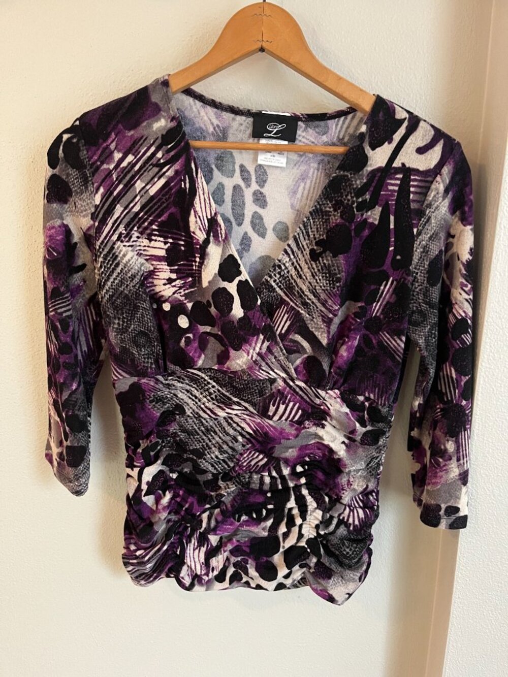 Libra Abstract Animal Print Ruched Faux-Wrap Top in Purple